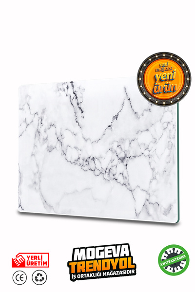 Devr-i Alem Antibakteriyel Cam Kesme Tahtası Ve Sunum Tablası | Beyaz Mermer ...