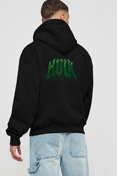Ankhises Hulk (14) Hanorac negru cu glugă supradimensionat cu imprimeu pe spate, bărbați, femei