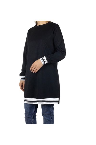 ECE GİYİM Women's Ribana Two Yarn Combed Cotton Sports Tunic with Collage and Hem Stripe