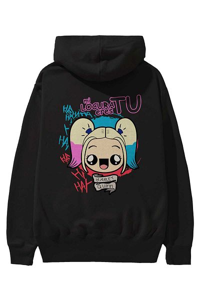 Ankhises Hanorac negru oversize cu glugă cu imprimeu pe spate Harley Quinn Bărbați Femei