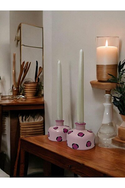 Porselian El Yapımı Minimalist Pembe Desenli Seramik Mumluk Seti – Taş Görünümlü Dekoratif Mumluk