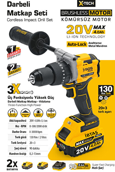 İBTAŞ SGS5533 - 130 Nm Tork Akülü Darbeli Matkap Seti 20 Volt - 4 Amper  (Köm...
