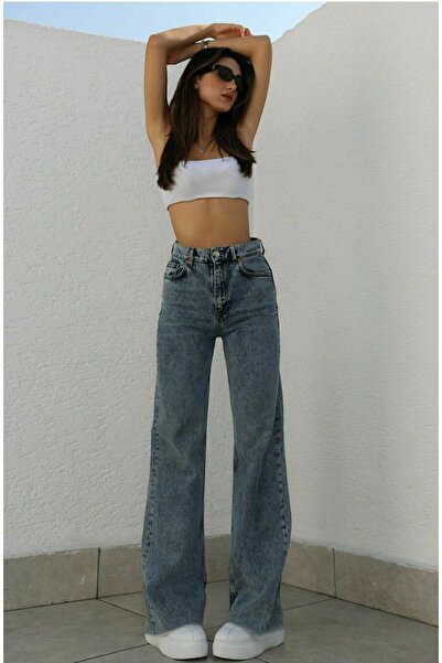 Livik Lycra Mid Snow Wash dámské kalhoty Palazzo se super vysokým pasem s volnými nohama Denim Jeans