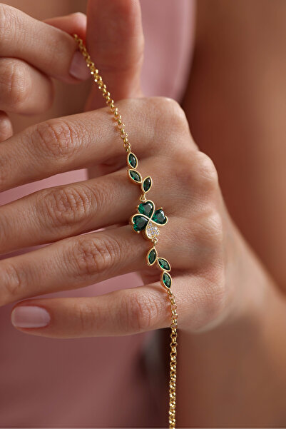 Nereze 925 Ayar Gümüş Gold Kaplama Doç Zincir Yeşil Taşlı Yonca Bileklik