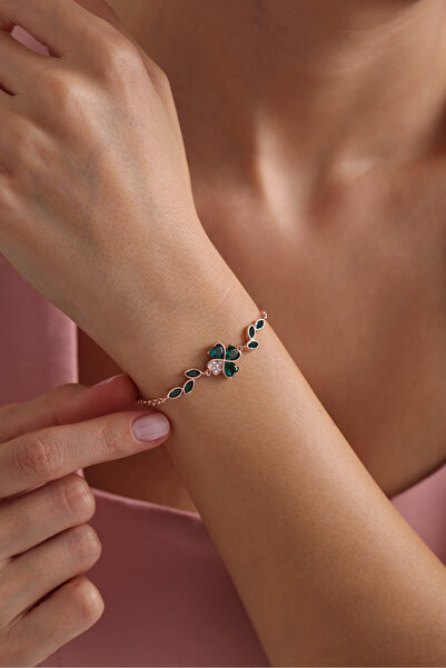 Nereze 925 Ayar Gümüş Rose Kaplama Doç Zincir Yeşil Taşlı Yonca Bileklik