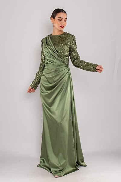 Saygın Giyim 521 Payet ve Boncuklu Tesettür Yandan Drapeli Saten Uzun Elbise