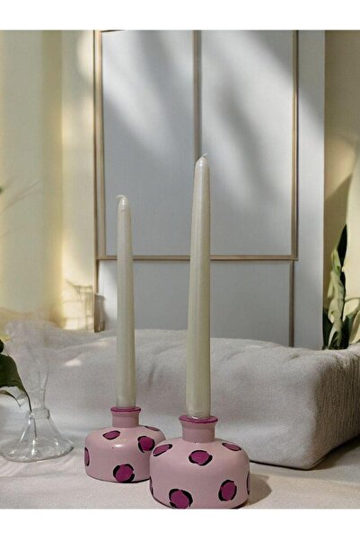 Porselian El Yapımı Minimalist Pembe Desenli Seramik Mumluk Seti – Taş Görünümlü Dekoratif Mumluk