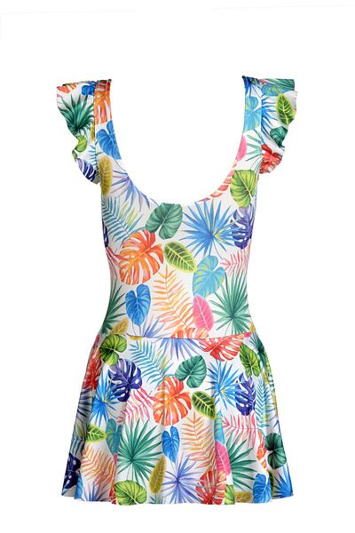 Endeep Leaf Patterned Skirt Dress Swimsuit - Beria Women, Ruffle Detail