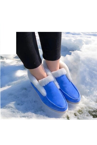aayak&kabımofficial Gerçek Deri Mavi Süet Ve Beyaz Kürk Günlük Kadın Bot