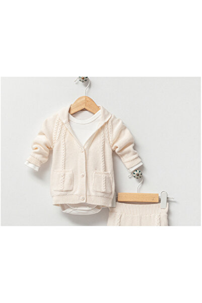 Nipperland Girl's 3-Piece Cotton Set - Cotton Baby Lapel Buttoned Knitwear Cardigan & Knitwear Pants & Snap Body