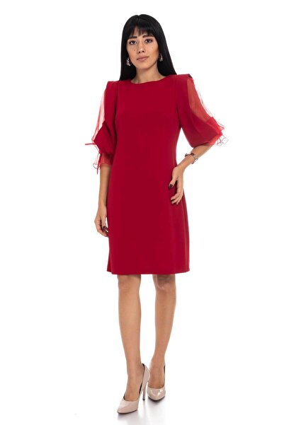 AYHAN 60627 Kolları Organze Tül Krep Elbise