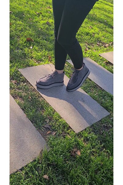 aayak&kabımofficial Gerçek Deri Gri Süet Ve Gerçek Kürk Bağcıklı Günlük Çok Hafif Kadın Bot