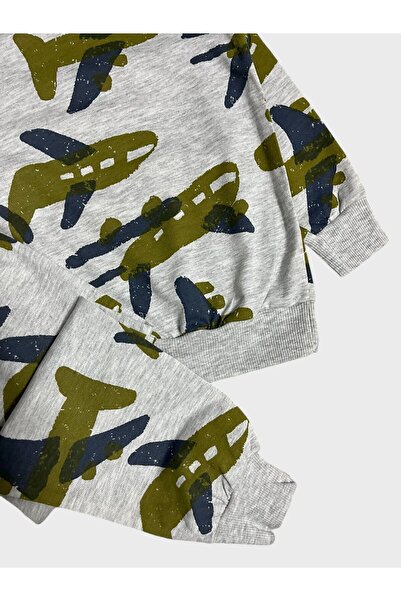 ALİŞ KİDS Fiú pamut szürke repülőgép mintás hosszú ujjú szezonális pizsama szett