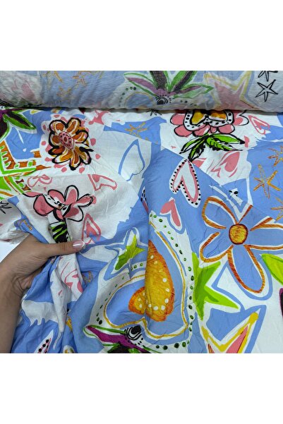 Yaren Ülker İpek Bambu Şifon Kumaş En 150 cm Kalp Yıldız Desenli