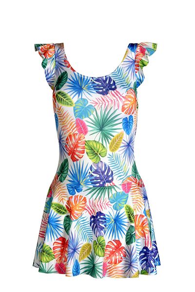 Endeep Leaf Patterned Skirt Dress Swimsuit - Beria Women, Ruffle Detail