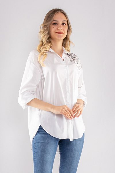 AYHAN 50548 Cotton Three-Quarter Sleeve Shirt - Shoulder Detail