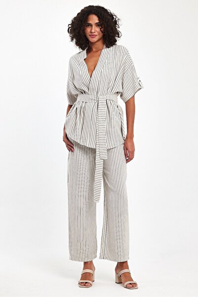 VİOLETTE Linen Kimono Set - Black Striped