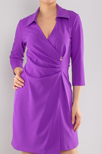 AYHAN 61895 Beli Lastik Yandan Drape Truvakar Kol Yakalı Krep Elbise