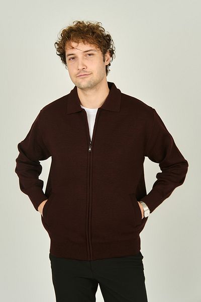 Ateş Triko Men's Zippered Double Pocket Knitwear Wool Coat 0103 Claret Red