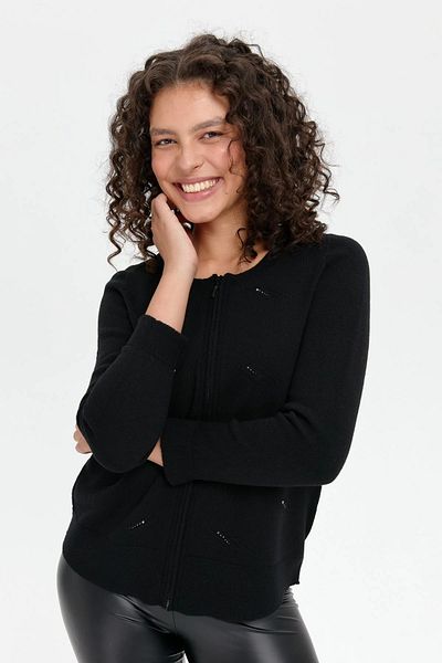 Desen Triko سترة صوفية نسائية برقبة دائرية وسحاب أمامي مرصع بالأحجار باللون الأسود