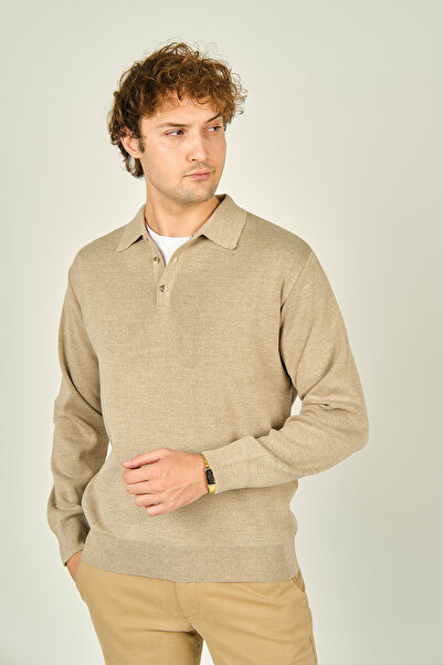 Ateş Triko Beige Men's Polo Collar Buttoned Wool Sweater - 6091023