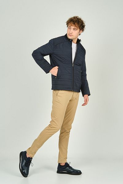 LUCAS Men's Stand Collar Leather Piping Quilted Coat 4706 Navy Blue