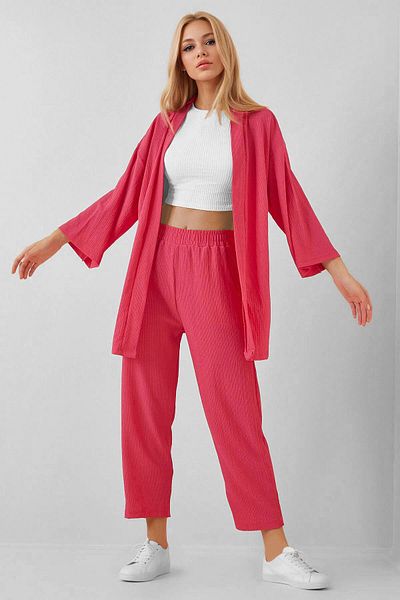 SUHIS Pink Kimono Trousers Knitted Set