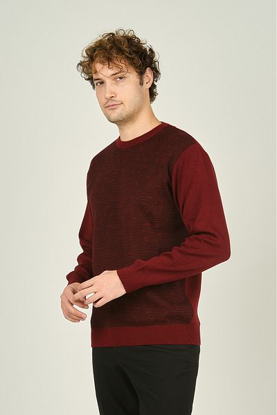 Ateş Triko Мъжки вълнен пуловер с кръгло деколте и шарки 3035, цвят D. Claret Red