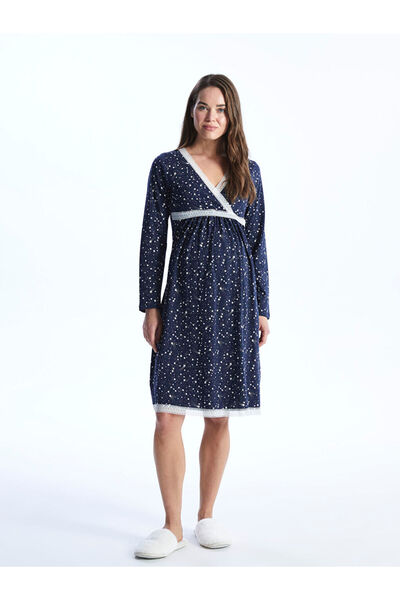 LC Waikiki Navy Blue Double-Breasted Collar Patterned Long Sleeve Maternity Nightgown