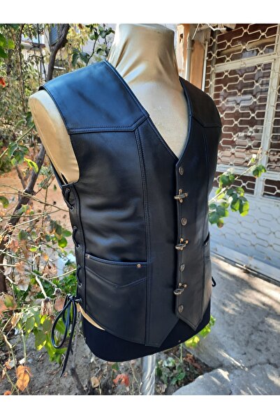 ArdaStilDeri Genuine Leather Biker Leather Vest with Hook Buttons.