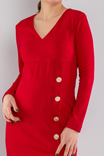 AYHAN 61656 Vyaka Uzun Kol Gold Düğmeli Krep Elbise