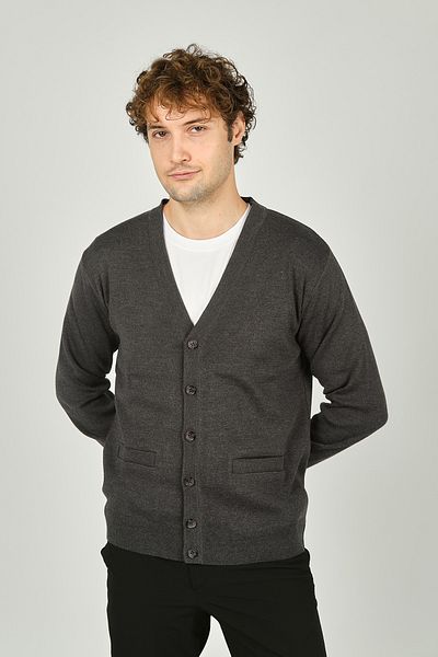 Ateş Triko Men's V-Neck Buttoned Long Sleeve Wool Cardigan 1020 Dark Gray