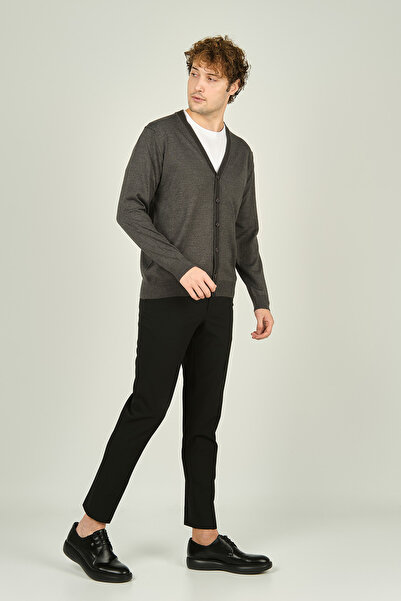 Ateş Triko Men's Buttoned V-Neck Wool Cardigan 2010 Dark Gray