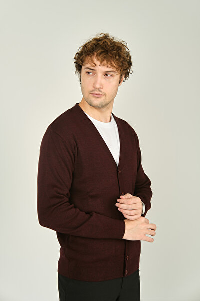 Ateş Triko Men's V-Neck Buttoned Long Sleeve Wool Cardigan 1020 K. Claret Red