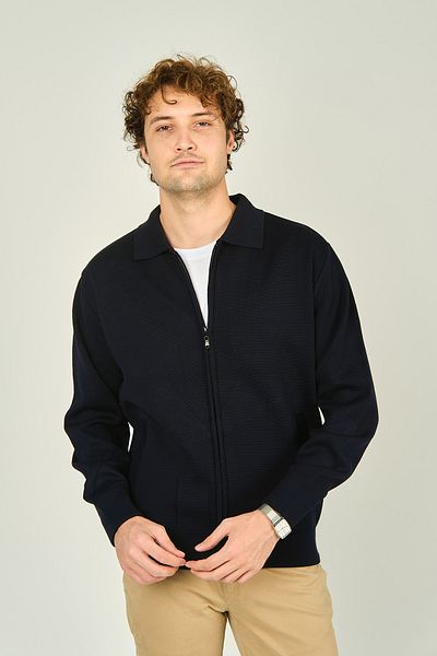 Ateş Triko Men's Zippered Double Pocket Knitwear Wool Coat 0103 Navy Blue