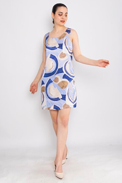 AYHAN 62039 Geometrik Desen Astarsız Keten Kolsuz Elbise