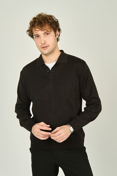 Ateş Triko Men's Polo Collar Buttoned Wool Sweater 6091023   Smoked
