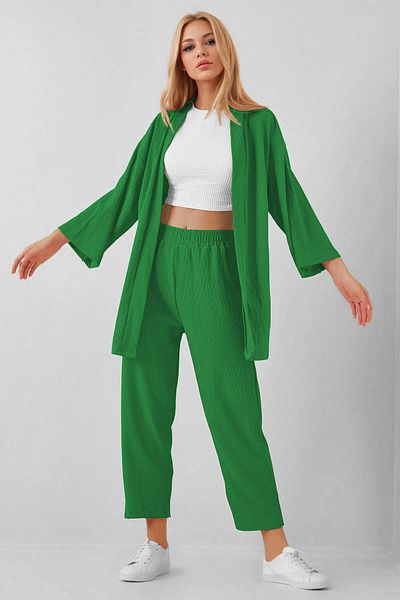 SUHIS Green Kimono Trousers Knitted Set