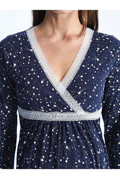 LC Waikiki Navy Blue Double-Breasted Collar Patterned Long Sleeve Maternity Nightgown