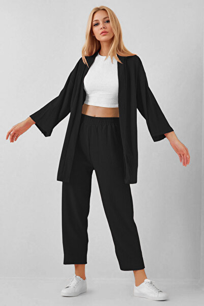 SUHIS طقم بنطلون كيمونو أسود محبوك