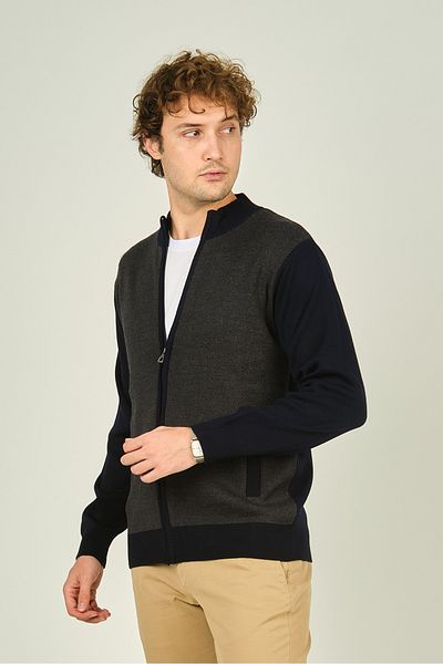 Ateş Triko Cardigan pentru bărbați, cu buzunar cu fermoar, cu guler vertical, din lână 4491 bleumarin