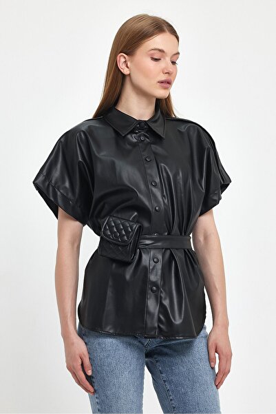 VİOLETTE Kemer Detaylı Vegan Deri Gömlek