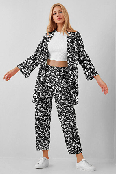 SUHIS طقم بنطلون كيمونو محبوك باللونين الأبيض والأسود