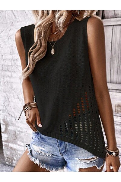 JANES Дамска плетена блуза с велосипедна яка и дантелени детайли - без ръкави