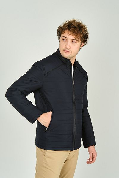 LUCAS Men's Stand Collar Leather Piping Double Pocket Coat 4707 Navy Blue