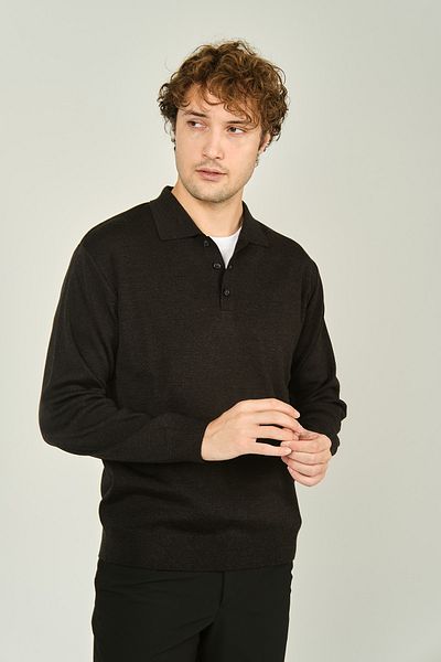 Ateş Triko Men's Polo Collar Buttoned Wool Sweater 6091023   Smoked