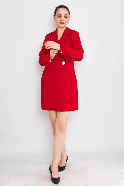 AYHAN 61891 Pilise Kol Kruvaze Yaka Broş Detay Kapaklı Kısa Krep Elbise