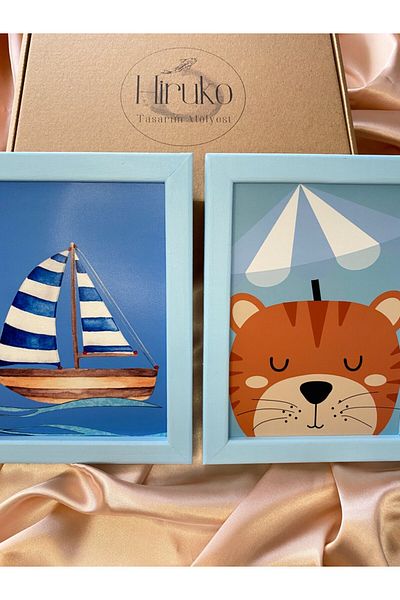 Hiruko Tasarım Atölyesi Ξύλινο Baby Blue Πολύχρωμο Πίνακας Tiger & Boat Σετ 2 τεμαχίων Σετ βρεφικού και παιδικού δωματίου