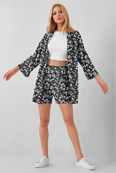 SUHIS Set tricotat pantaloni scurți kimono cu flori alb-negru