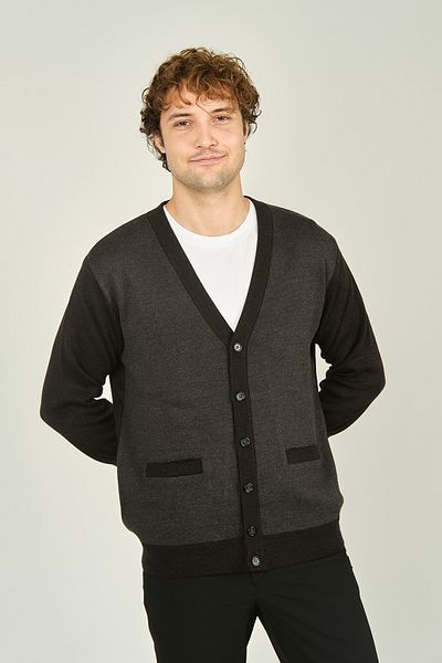 Ateş Triko V-Neck Smoked Men's Wool Cardigan - 4490 with Pocket Detail